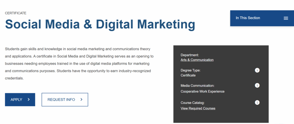 The Social Media & Digital Marketing certification web page screenshot