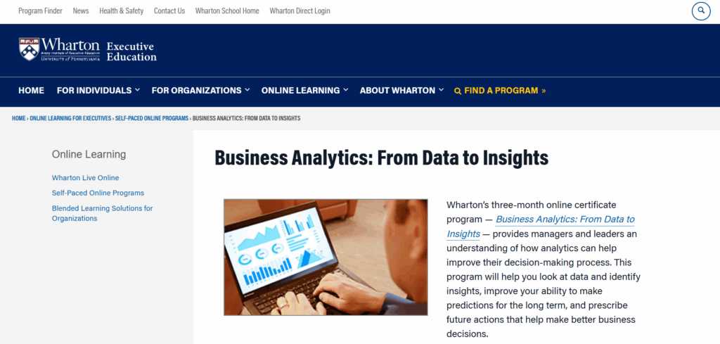 The Business Analytics: From Data to Insights certification web page screenshot
