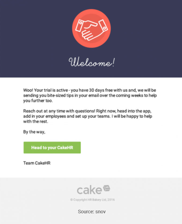 Screenshot of CakeHR’s welcome email confirming trial activation and setup instructions.