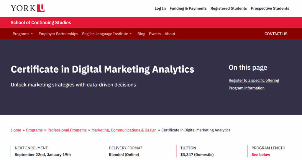 The Certificate in Digital Marketing Analytics page screenshot