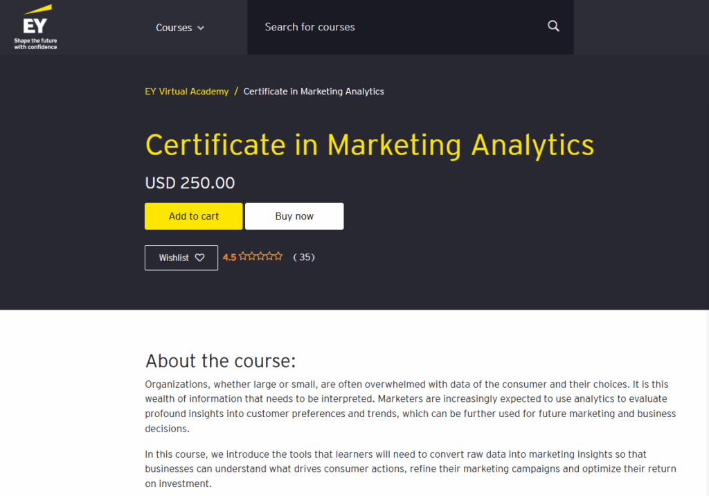 The Certificate in Marketing Analytics page screenshot