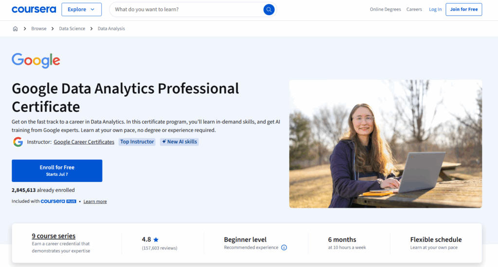 The Google Data Analytics Professional Certificate page screenshot