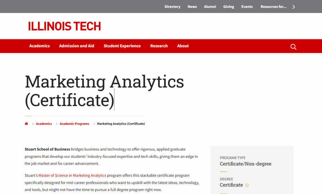 Screenshot of the Marketing Analytics (Certificate) landing page screenshot