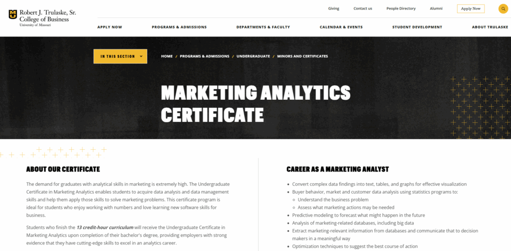 Screenshot of the Marketing Analytics Certificate web page