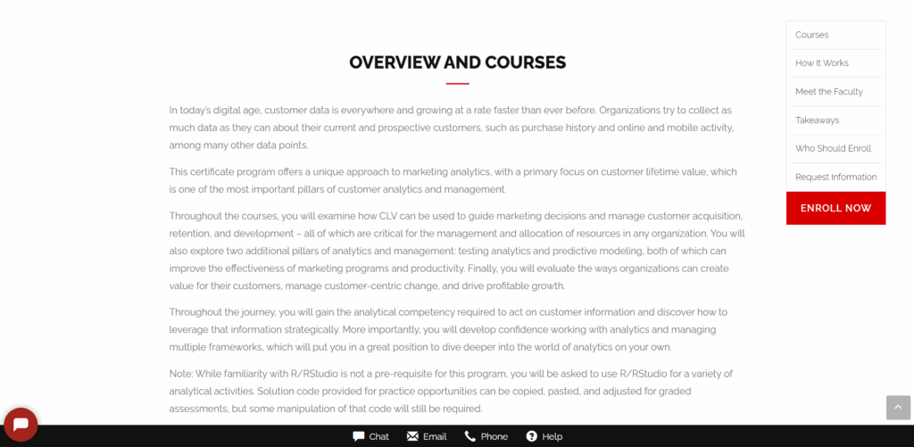 The Marketing Analytics Cornell Certificate overview page screenshot