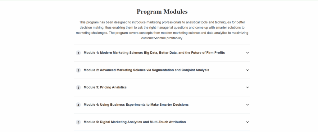 The Marketing Analytics Online Certificate Course modules page screenshot