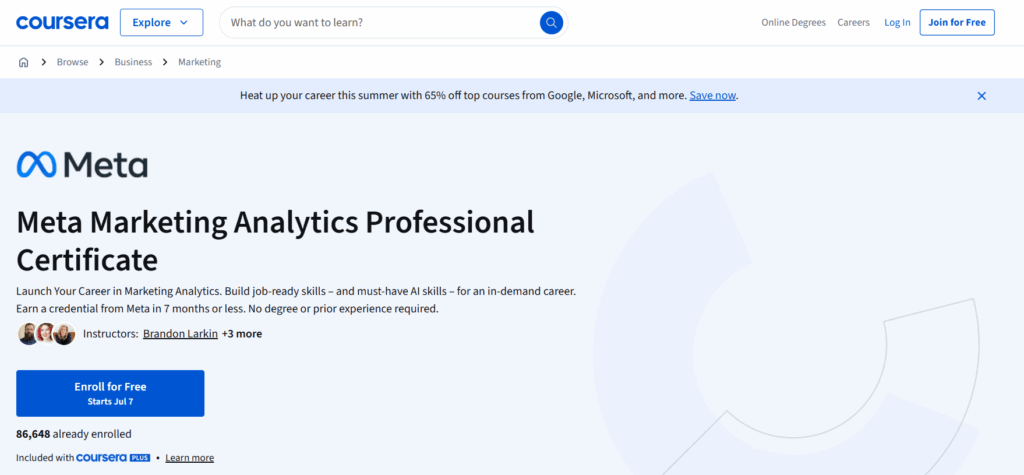 The Meta Marketing Analytics Professional Certificate landing page screenshot