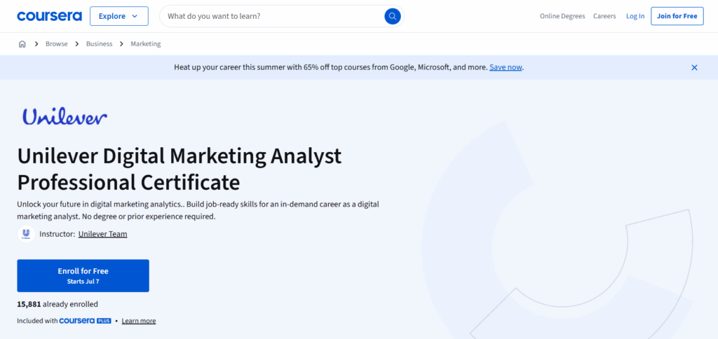 Screenshot of the Unilever Digital Marketing Analyst Professional Certificate page