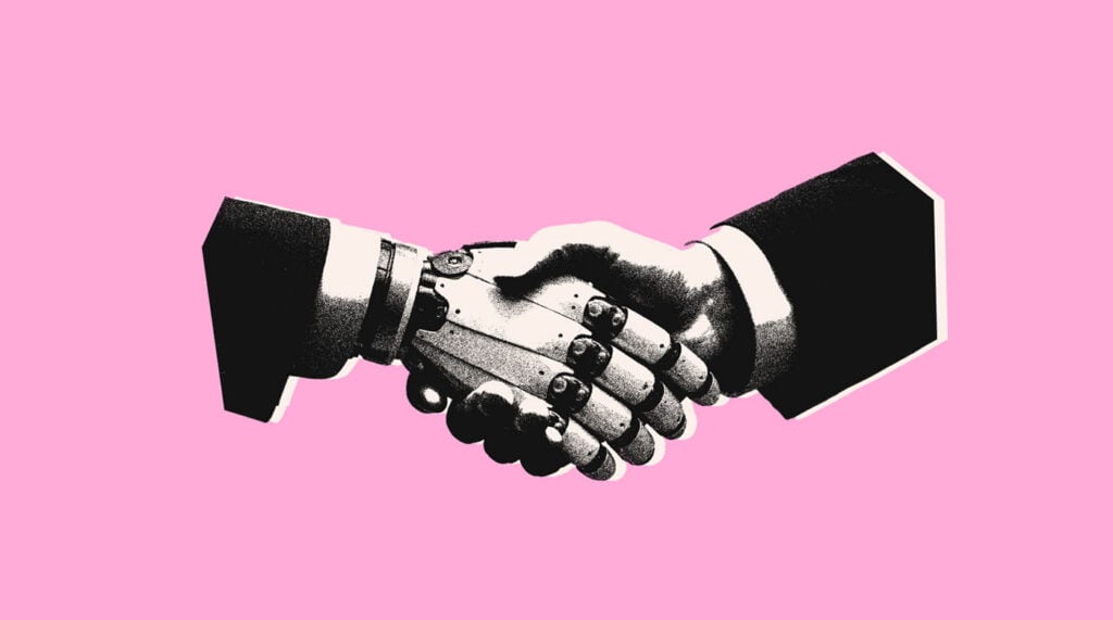 AI robot hand shaking hands with a professional human