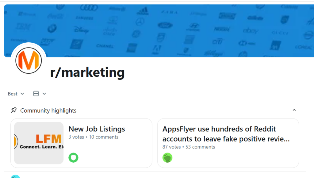 Reddit's marketing community page.