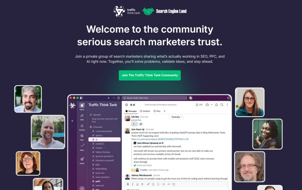 The landing page for the Traffic Think Tank community
