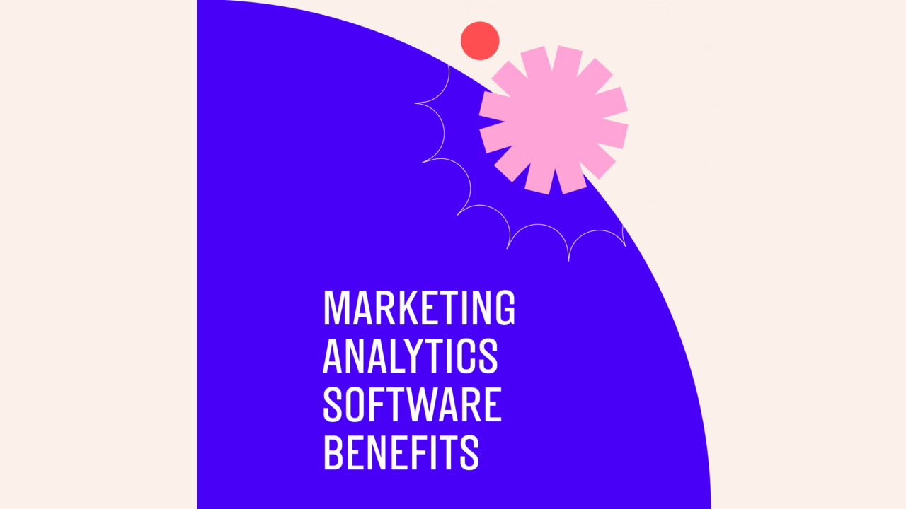 Marketing analytics software text on blue and white background