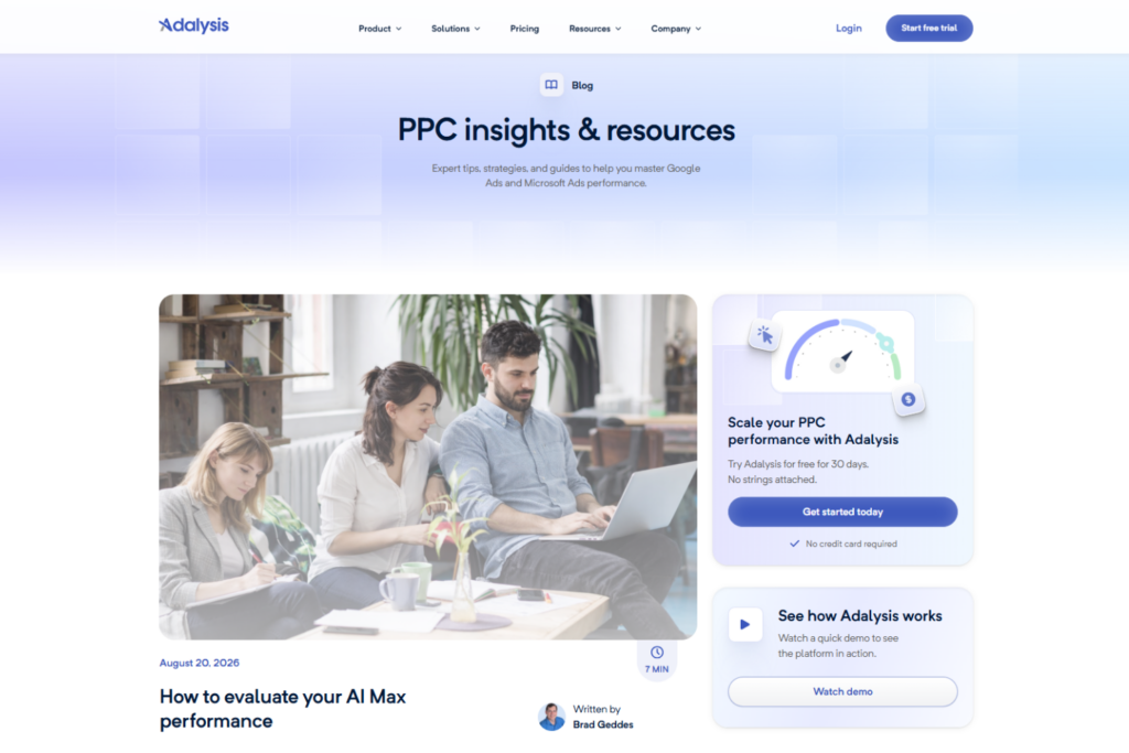Adalysis Newsletter blog showing PPC resources and an AI Max article