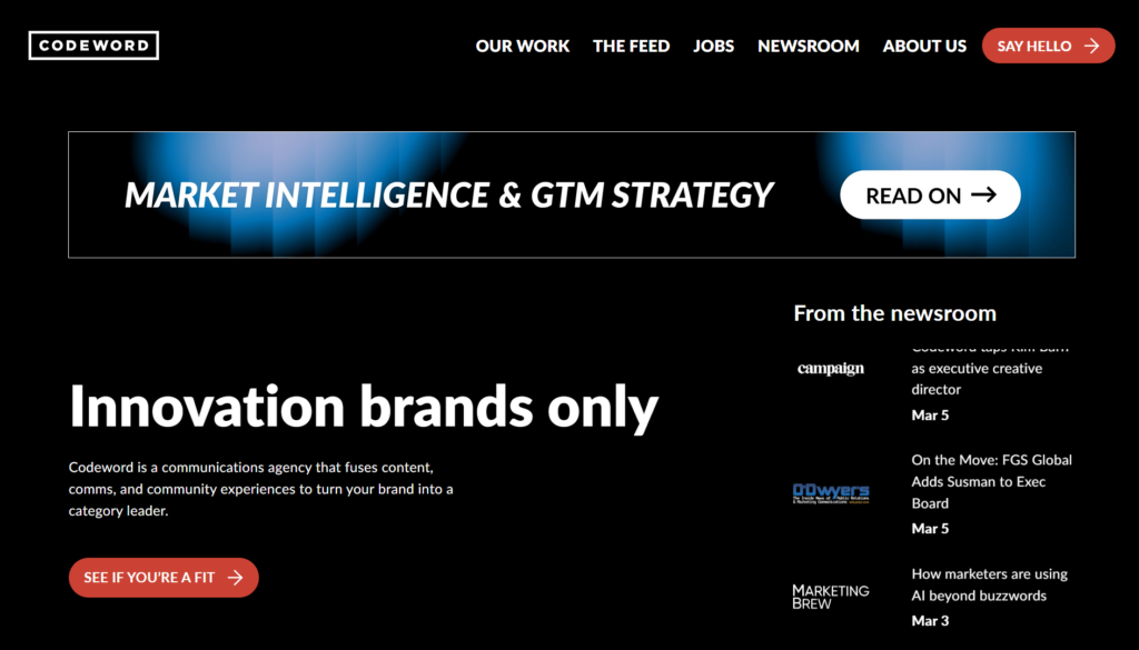Codeword website showing its market intelligence section and company newsroom updates