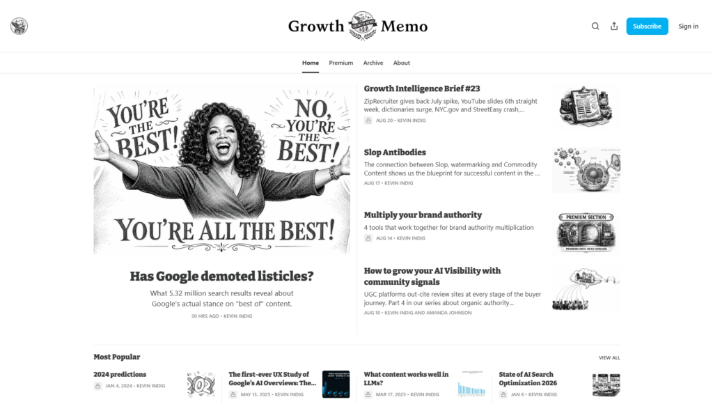 Growth Memo homepage featuring research on Google rankings, authority, and search behavior