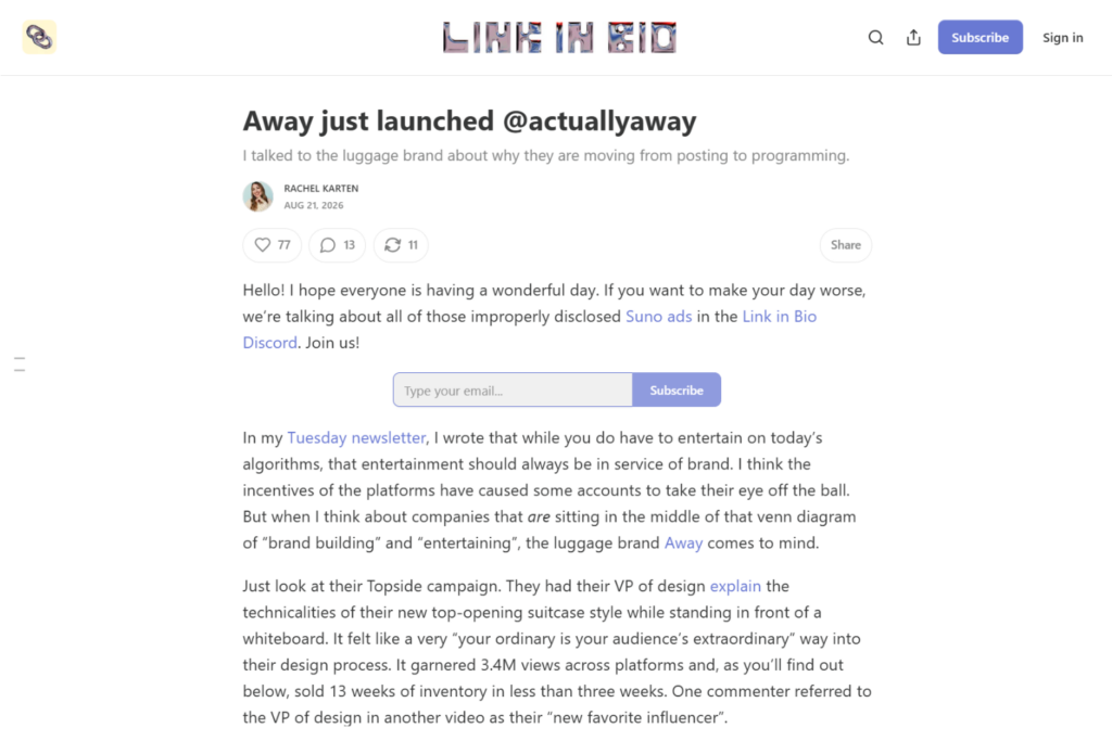 Link in Bio article examining Away’s shift from posting to programmed content