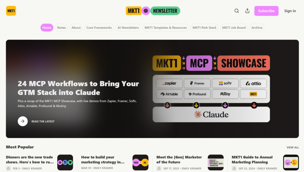 MKT1 Newsletter homepage featuring MCP use cases, core frameworks, and popular resources