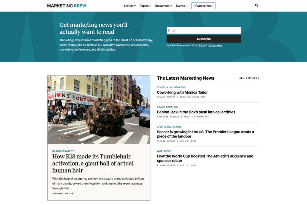 Marketing Brew homepage featuring industry stories and an email sign-up form