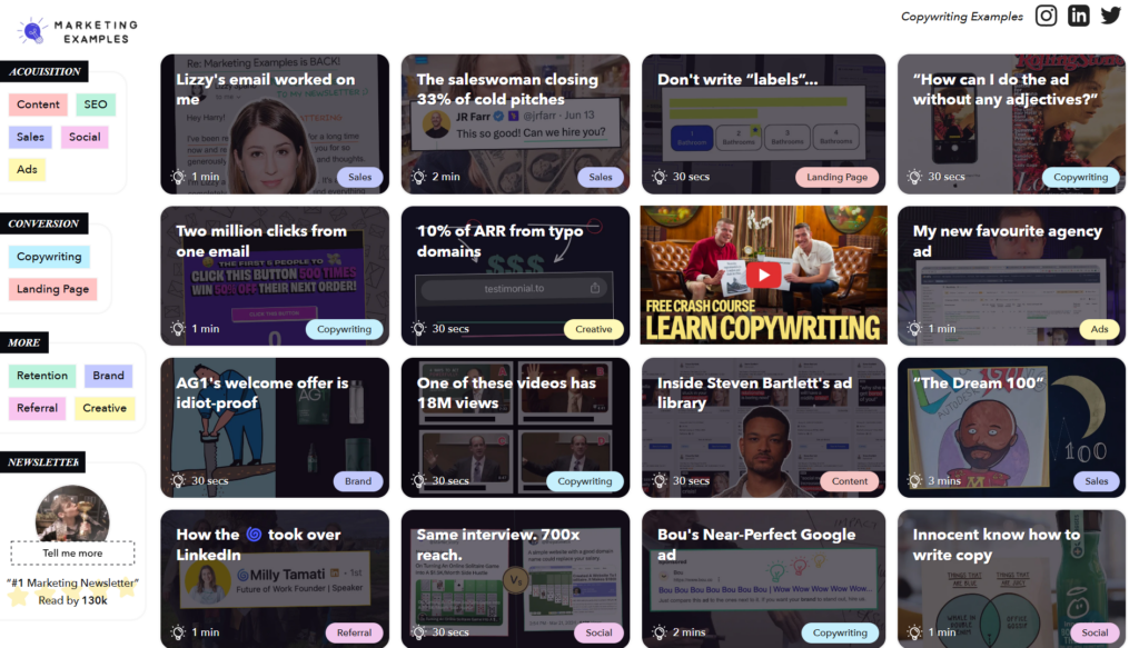 Marketing Examples page displaying short case studies across sales, content, and conversion