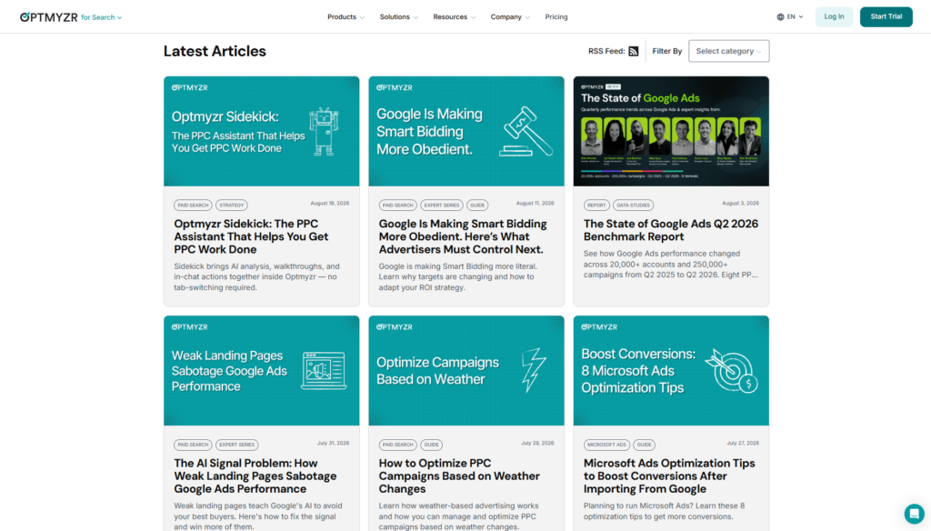 Optmyzr article grid displaying six entries about Google plus Microsoft promotions