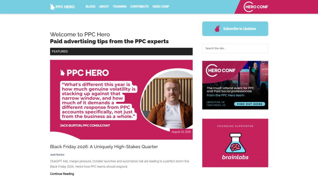 PPC Hero Newsletter webpage featuring advertising articles and an updates button