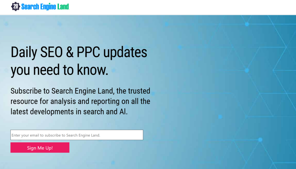 Search Engine Land newsletter sign-up page for SEO and PPC updates