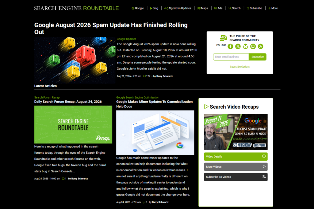 Search Engine Roundtable site with articles, recaps, and a subscription form