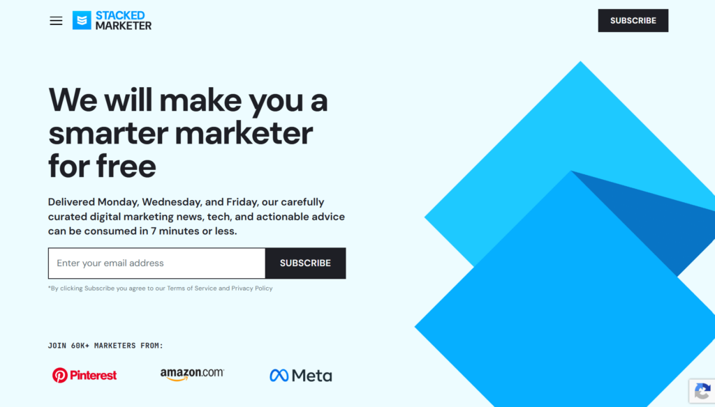 Stacked Marketer signup page highlighting concise digital updates and advice