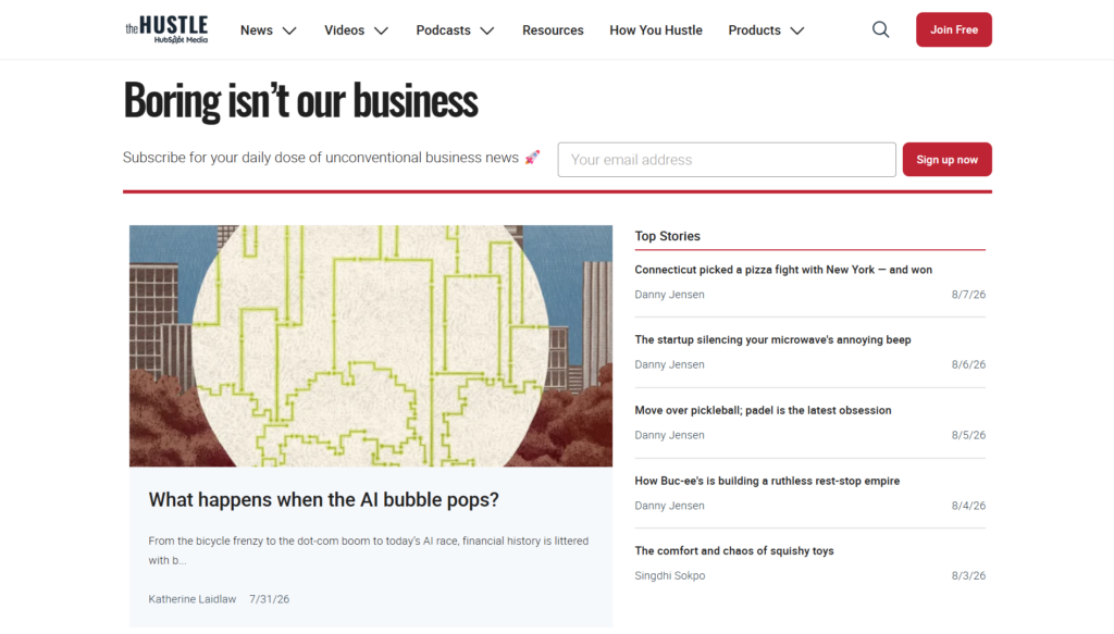 The Hustle homepage showing an email signup, featured article, and top stories