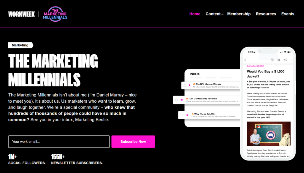 The Marketing Millennials signup page featuring inbox previews and a sample email on mobile