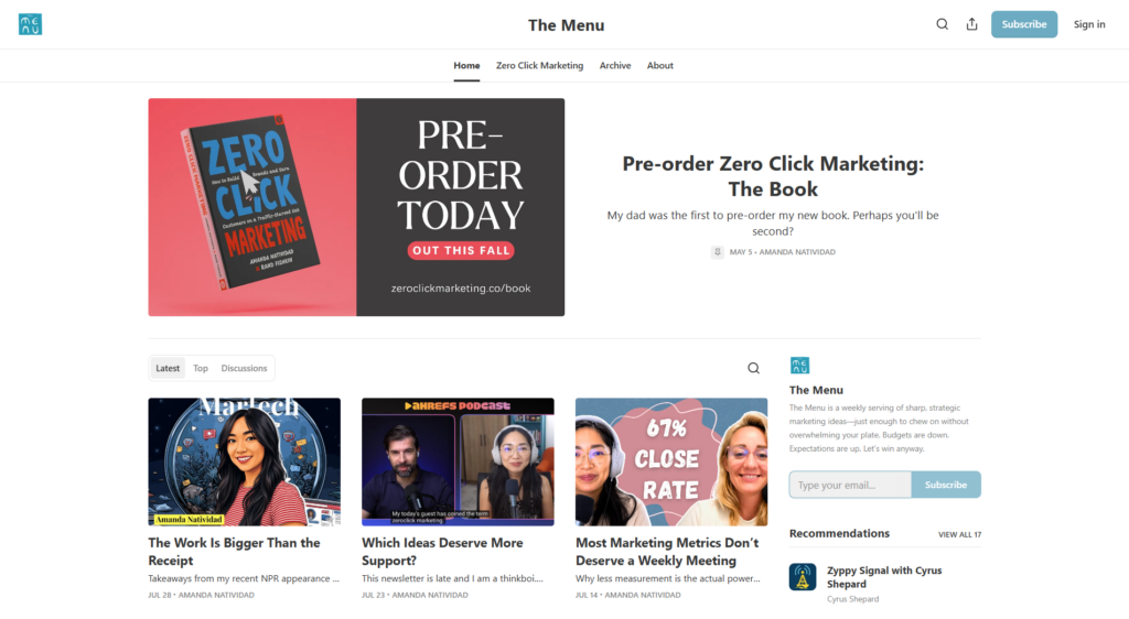 The Menu homepage featuring a book preorder, recent posts, and an email signup form