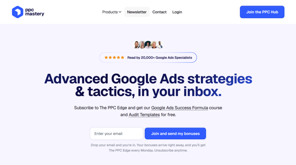 The PPC Edge subscription page with a free course and audit templates
