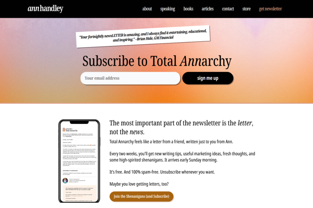 Total Annarchy subscription page with an email field and a preview on a phone