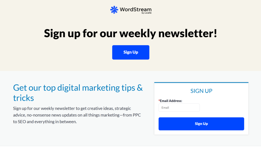 WordStream Newsletter signup page with an email subscription form