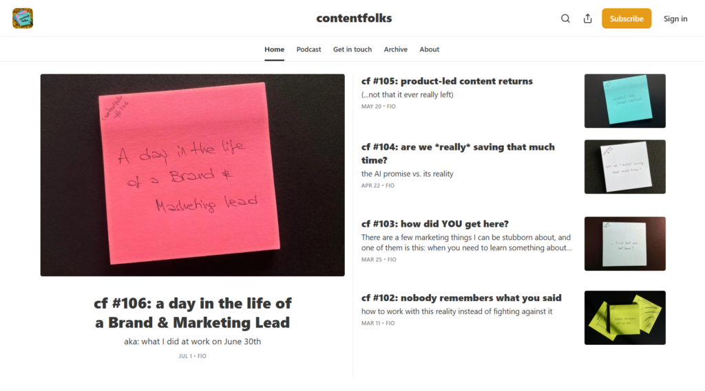 contentfolks homepage featuring posts on leadership, product-led content, and AI productivity