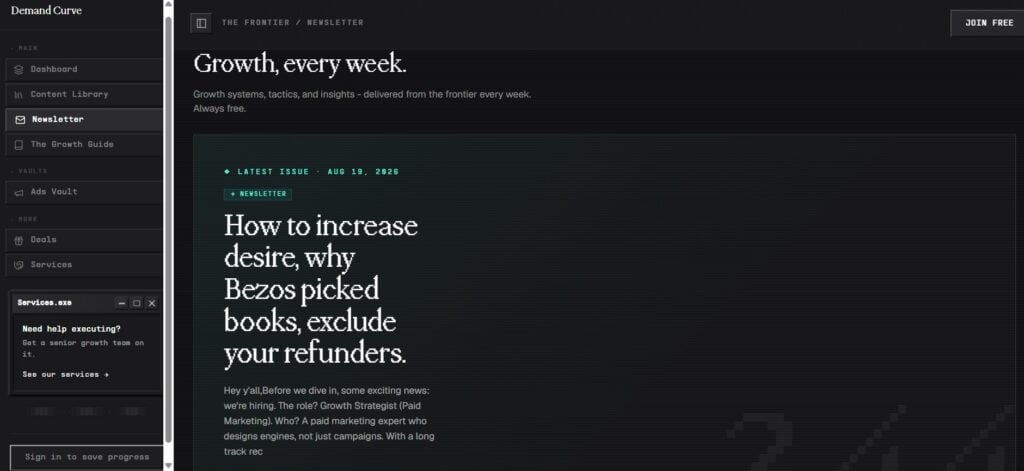 Capture d’écran de la page d’accueil de la newsletter Demand Curve
