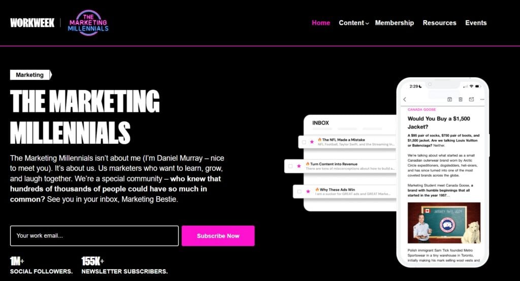 Page d’inscription à la newsletter des professionnels du marketing de la génération Y présentant un exemple d’interface de newsletter