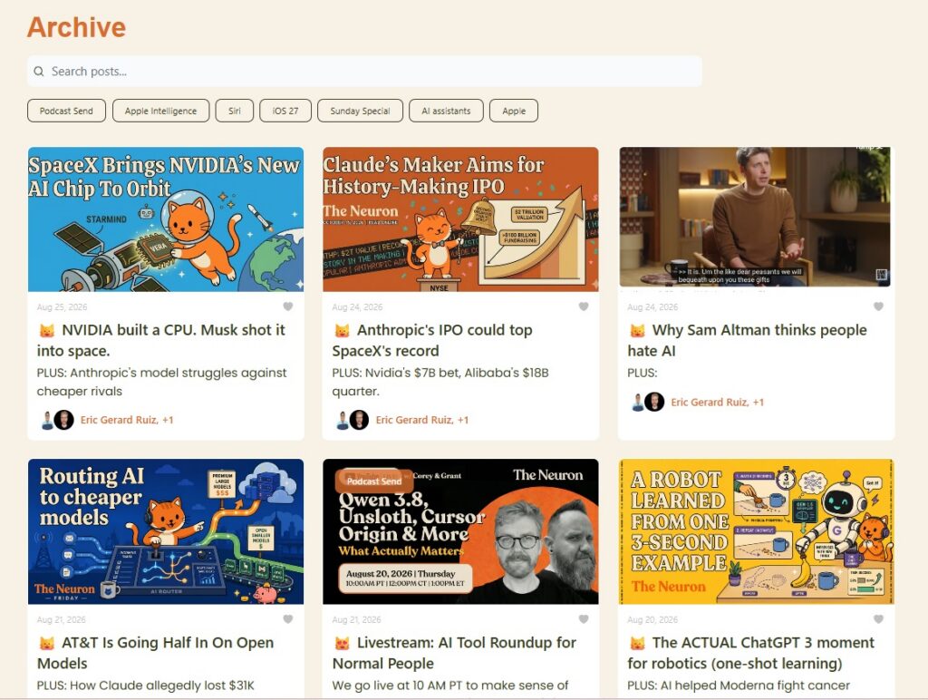 Capture d’écran de la page d’archives de la newsletter The Neuron